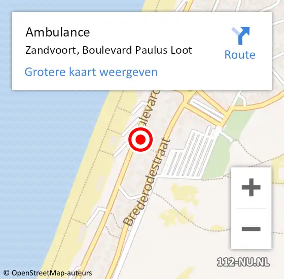 Locatie op kaart van de 112 melding: Ambulance Zandvoort, Boulevard Paulus Loot op 16 juli 2022 17:28