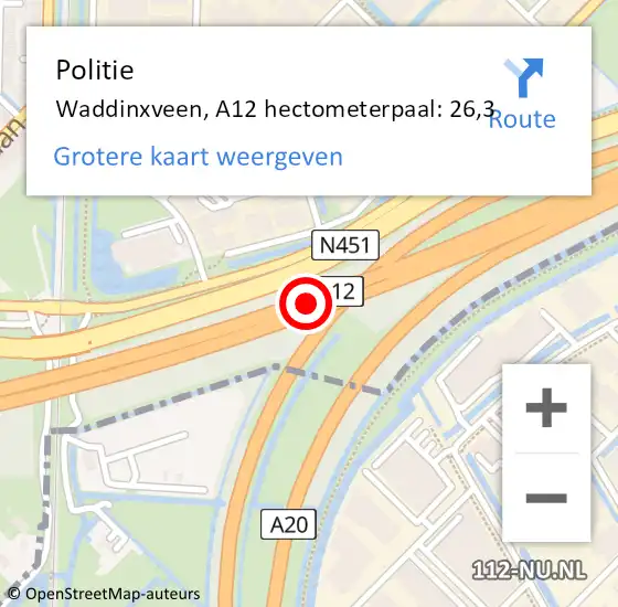 Locatie op kaart van de 112 melding: Politie Waddinxveen, A12 hectometerpaal: 26,3 op 16 juli 2022 17:29