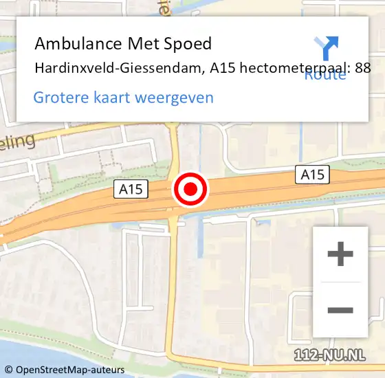 Locatie op kaart van de 112 melding: Ambulance Met Spoed Naar Hardinxveld-Giessendam, A15 hectometerpaal: 88 op 16 juli 2022 17:36