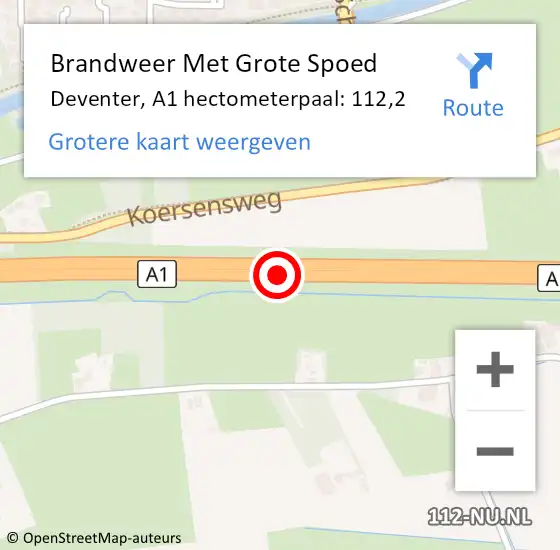 Locatie op kaart van de 112 melding: Brandweer Met Grote Spoed Naar Deventer, A1 hectometerpaal: 112,2 op 16 juli 2022 19:27