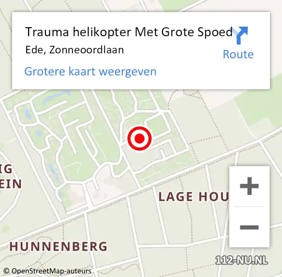 Locatie op kaart van de 112 melding: Trauma helikopter Met Grote Spoed Naar Ede, Zonneoordlaan op 16 juli 2022 22:32