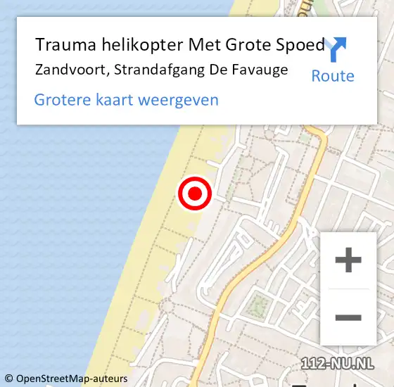 Locatie op kaart van de 112 melding: Trauma helikopter Met Grote Spoed Naar Zandvoort, Strandafgang De Favauge op 16 juli 2022 23:52