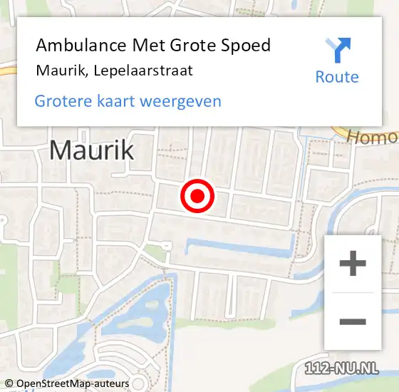 Locatie op kaart van de 112 melding: Ambulance Met Grote Spoed Naar Maurik, Lepelaarstraat op 17 juli 2022 02:33