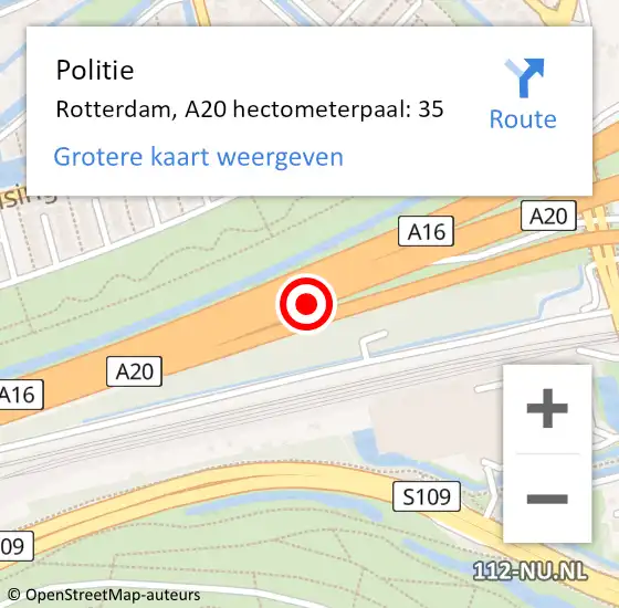 Locatie op kaart van de 112 melding: Politie Rotterdam, A20 hectometerpaal: 35 op 17 juli 2022 03:50