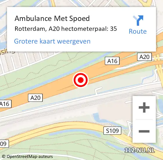 Locatie op kaart van de 112 melding: Ambulance Met Spoed Naar Rotterdam, A20 hectometerpaal: 35 op 17 juli 2022 04:14