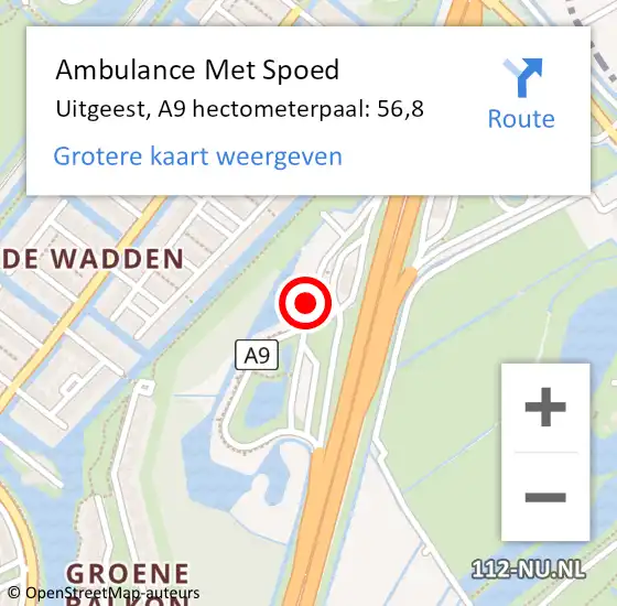 Locatie op kaart van de 112 melding: Ambulance Met Spoed Naar Uitgeest, A9 hectometerpaal: 56,8 op 17 juli 2022 09:31