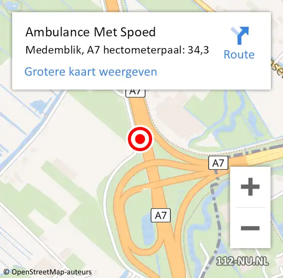Locatie op kaart van de 112 melding: Ambulance Met Spoed Naar Medemblik, A7 hectometerpaal: 34,3 op 17 juli 2022 11:26