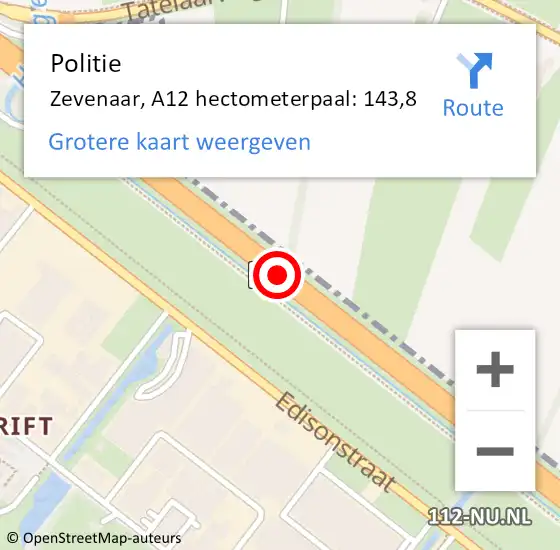 Locatie op kaart van de 112 melding: Politie Zevenaar, A12 hectometerpaal: 143,8 op 17 juli 2022 11:30