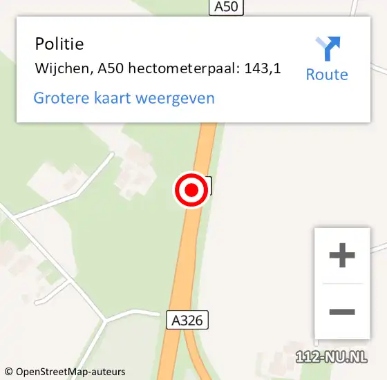 Locatie op kaart van de 112 melding: Politie Wijchen, A50 hectometerpaal: 143,1 op 17 juli 2022 12:42