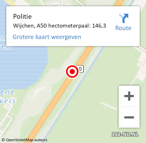 Locatie op kaart van de 112 melding: Politie Wijchen, A50 hectometerpaal: 146,3 op 17 juli 2022 12:45