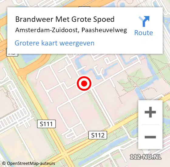 Locatie op kaart van de 112 melding: Brandweer Met Grote Spoed Naar Amsterdam-Zuidoost, Paasheuvelweg op 17 juli 2022 13:17