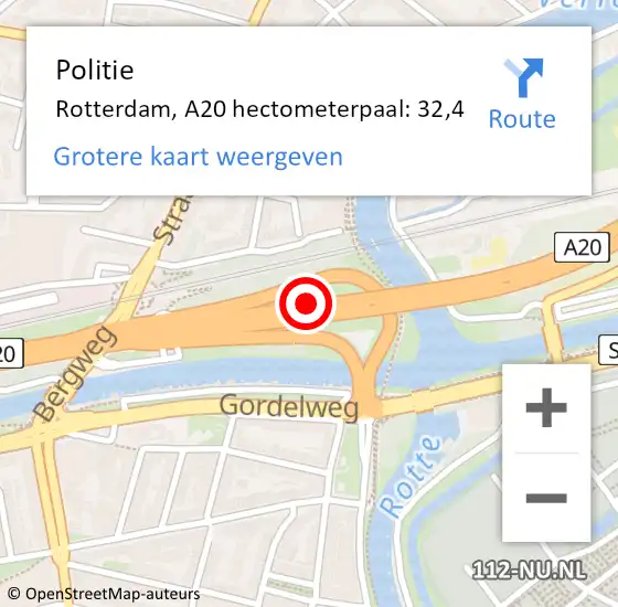 Locatie op kaart van de 112 melding: Politie Rotterdam, A20 hectometerpaal: 32,4 op 17 juli 2022 13:50