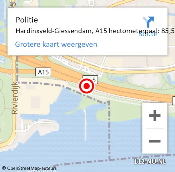 Locatie op kaart van de 112 melding: Politie Hardinxveld-Giessendam, A15 hectometerpaal: 85,5 op 17 juli 2022 16:57