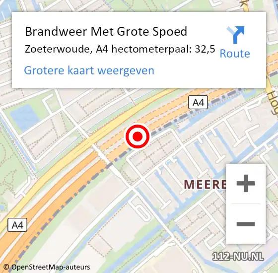 Locatie op kaart van de 112 melding: Brandweer Met Grote Spoed Naar Zoeterwoude, A4 hectometerpaal: 32,5 op 17 juli 2022 17:50