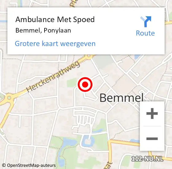 Locatie op kaart van de 112 melding: Ambulance Met Spoed Naar Bemmel, Ponylaan op 17 juli 2022 18:04