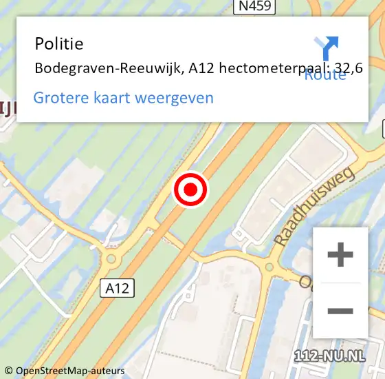 Locatie op kaart van de 112 melding: Politie Bodegraven-Reeuwijk, A12 hectometerpaal: 32,6 op 17 juli 2022 18:14