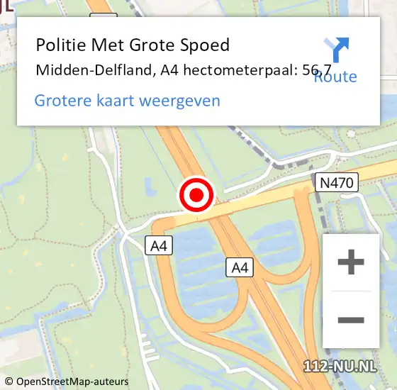 Locatie op kaart van de 112 melding: Politie Met Grote Spoed Naar Delft, A4 hectometerpaal: 56,7 op 17 juli 2022 18:58