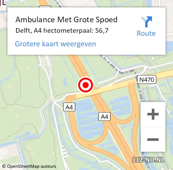 Locatie op kaart van de 112 melding: Ambulance Met Grote Spoed Naar Delft, A4 hectometerpaal: 56,7 op 17 juli 2022 19:02