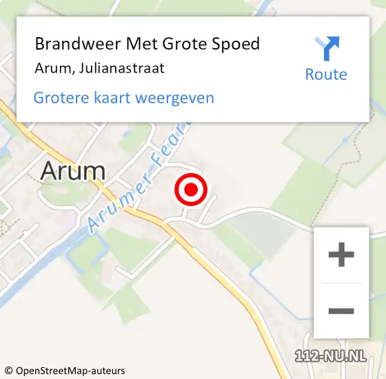 Locatie op kaart van de 112 melding: Brandweer Met Grote Spoed Naar Arum, Julianastraat op 17 juli 2022 19:16