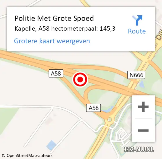 Locatie op kaart van de 112 melding: Politie Met Grote Spoed Naar Kapelle, A58 hectometerpaal: 145,3 op 17 juli 2022 19:38