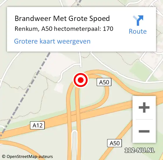 Locatie op kaart van de 112 melding: Brandweer Met Grote Spoed Naar Renkum, A50 hectometerpaal: 170 op 18 juli 2022 06:42