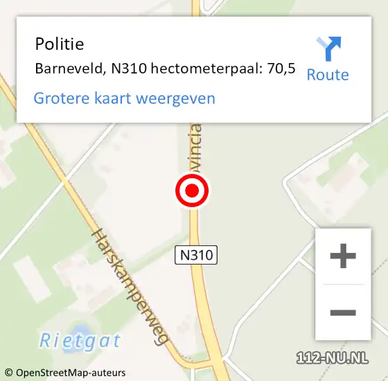 Locatie op kaart van de 112 melding: Politie Barneveld, N310 hectometerpaal: 70,5 op 18 juli 2022 07:47