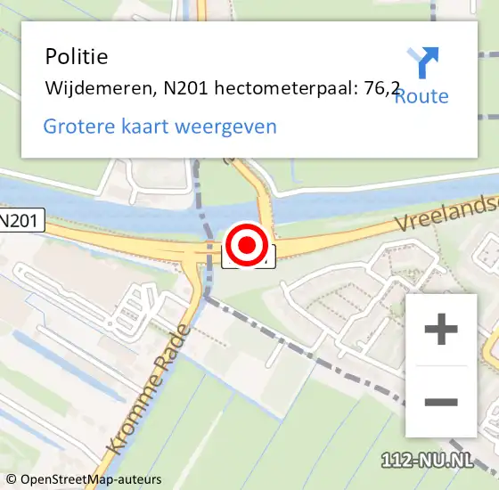 Locatie op kaart van de 112 melding: Politie Wijdemeren, N201 hectometerpaal: 76,2 op 18 juli 2022 10:15
