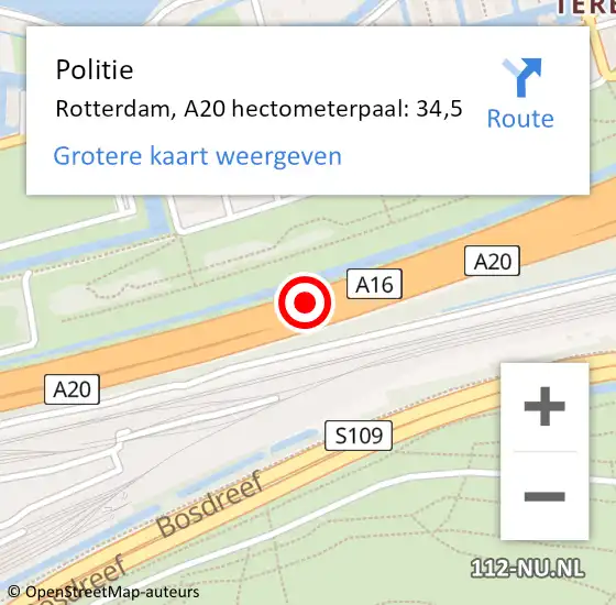 Locatie op kaart van de 112 melding: Politie Rotterdam, A20 hectometerpaal: 34,5 op 18 juli 2022 10:18