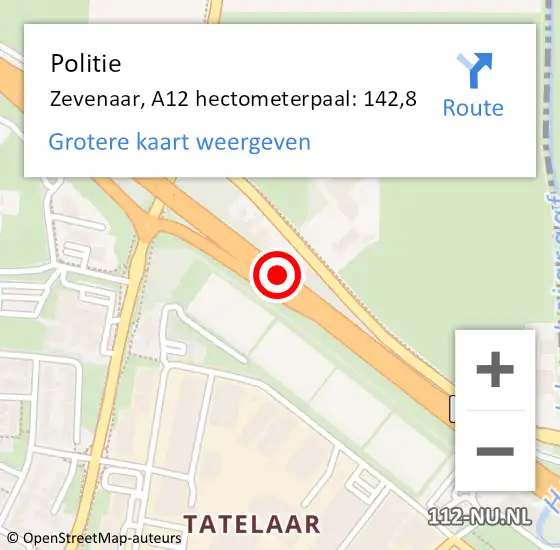 Locatie op kaart van de 112 melding: Politie Zevenaar, A12 hectometerpaal: 142,8 op 18 juli 2022 10:24