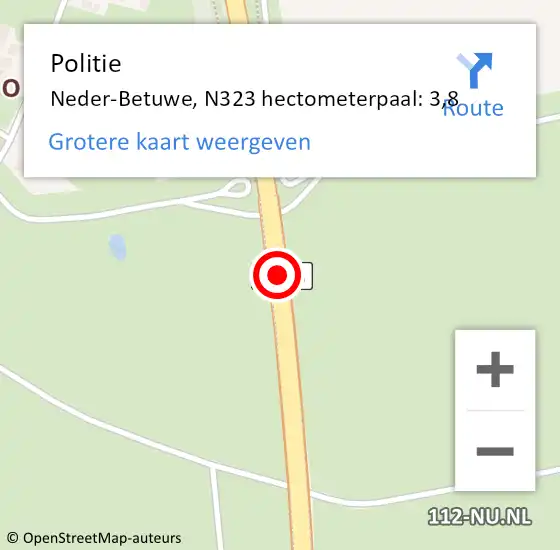 Locatie op kaart van de 112 melding: Politie Neder-Betuwe, N323 hectometerpaal: 3,8 op 18 juli 2022 11:41