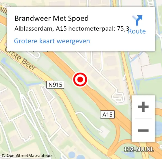 Locatie op kaart van de 112 melding: Brandweer Met Spoed Naar Alblasserdam, A15 hectometerpaal: 75,3 op 18 juli 2022 16:12