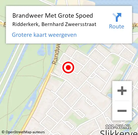 Locatie op kaart van de 112 melding: Brandweer Met Grote Spoed Naar Ridderkerk, Bernhard Zweersstraat op 18 juli 2022 16:46