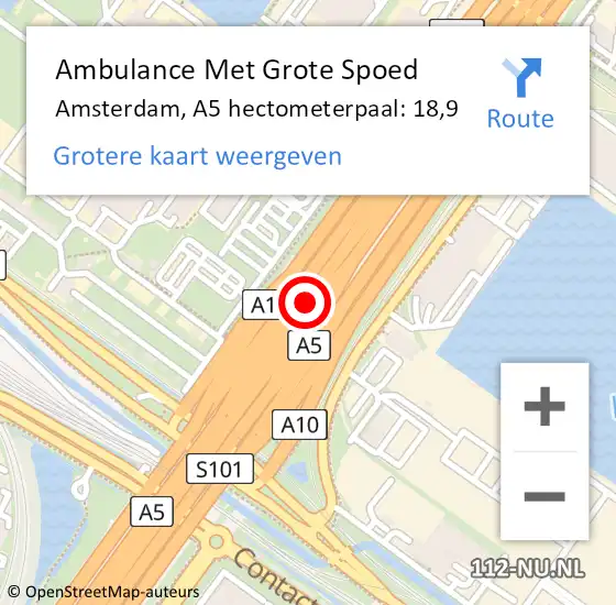 Locatie op kaart van de 112 melding: Ambulance Met Grote Spoed Naar Amsterdam, A5 hectometerpaal: 18,9 op 18 juli 2022 18:12
