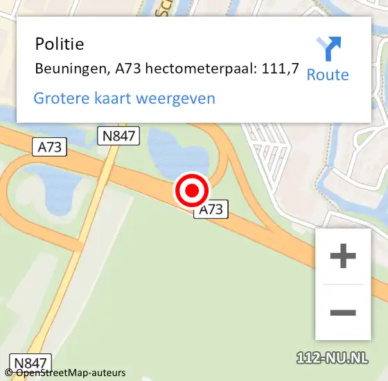 Locatie op kaart van de 112 melding: Politie Beuningen, A73 hectometerpaal: 111,7 op 18 juli 2022 18:16