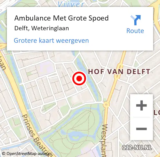 Locatie op kaart van de 112 melding: Ambulance Met Grote Spoed Naar Delft, Weteringlaan op 18 juli 2022 18:16