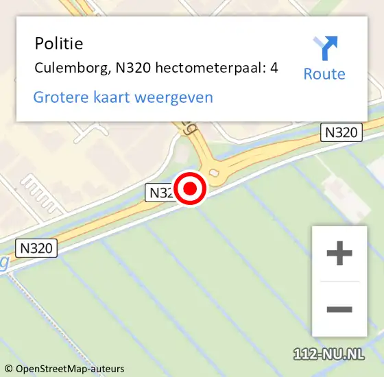 Locatie op kaart van de 112 melding: Politie Culemborg, N320 hectometerpaal: 4 op 18 juli 2022 19:03