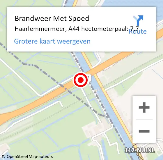 Locatie op kaart van de 112 melding: Brandweer Met Spoed Naar Haarlemmermeer, A44 hectometerpaal: 7,7 op 18 juli 2022 19:52