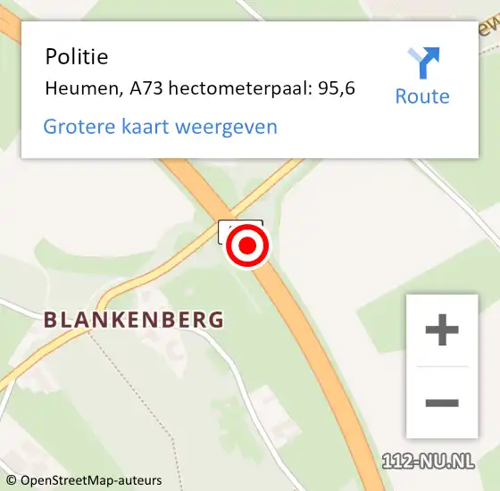 Locatie op kaart van de 112 melding: Politie Heumen, A73 hectometerpaal: 95,6 op 18 juli 2022 20:25