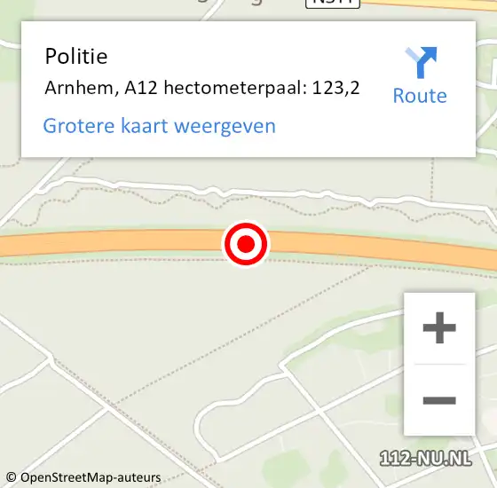 Locatie op kaart van de 112 melding: Politie Arnhem, A12 hectometerpaal: 123,2 op 18 juli 2022 21:16