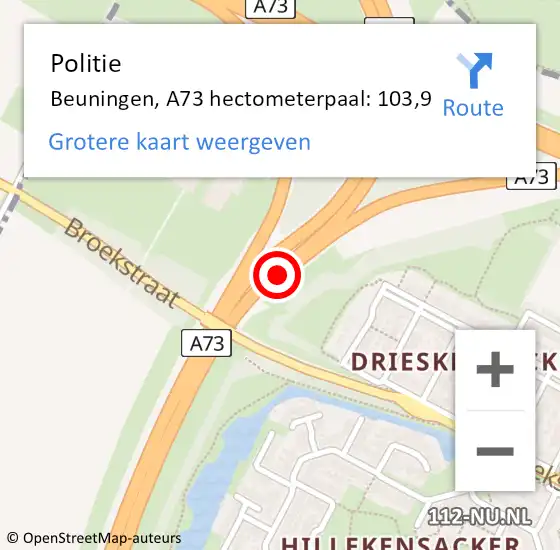 Locatie op kaart van de 112 melding: Politie Beuningen, A73 hectometerpaal: 103,9 op 18 juli 2022 22:12