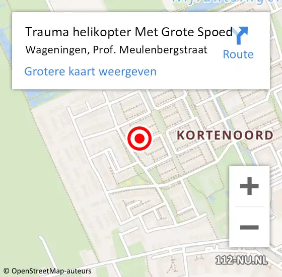Locatie op kaart van de 112 melding: Trauma helikopter Met Grote Spoed Naar Wageningen, Prof. Meulenbergstraat op 18 juli 2022 22:30