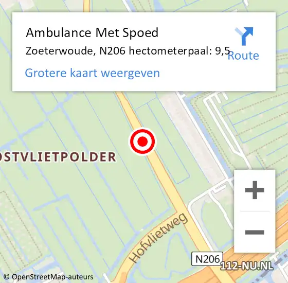 Locatie op kaart van de 112 melding: Ambulance Met Spoed Naar Zoeterwoude, N206 hectometerpaal: 9,5 op 19 juli 2022 08:44