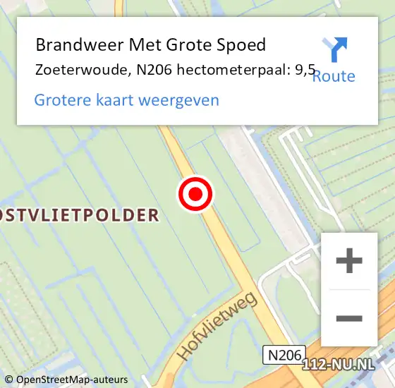 Locatie op kaart van de 112 melding: Brandweer Met Grote Spoed Naar Zoeterwoude, N206 hectometerpaal: 9,5 op 19 juli 2022 08:47