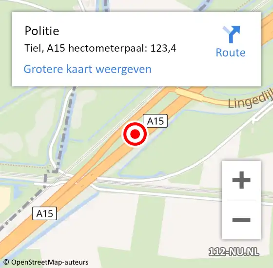 Locatie op kaart van de 112 melding: Politie Tiel, A15 hectometerpaal: 123,4 op 19 juli 2022 13:30