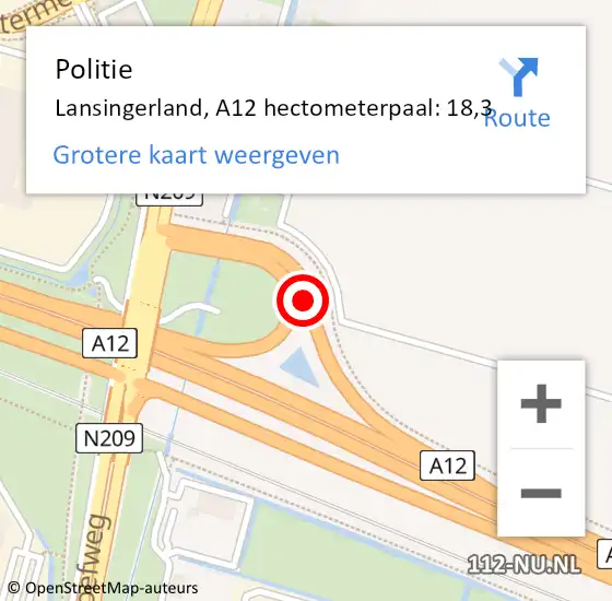 Locatie op kaart van de 112 melding: Politie Lansingerland, A12 hectometerpaal: 18,3 op 19 juli 2022 14:46