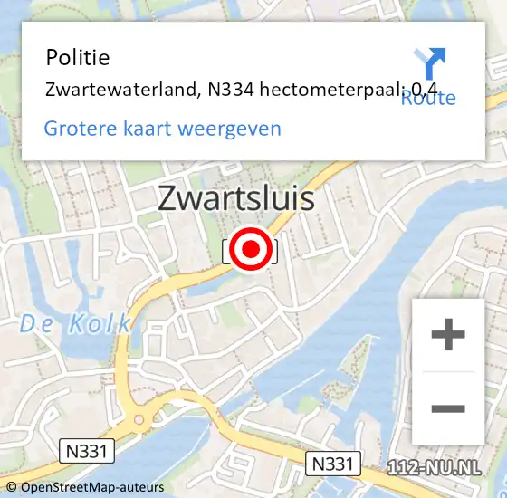 Locatie op kaart van de 112 melding: Politie Zwartewaterland, N334 hectometerpaal: 0,4 op 19 juli 2022 15:21