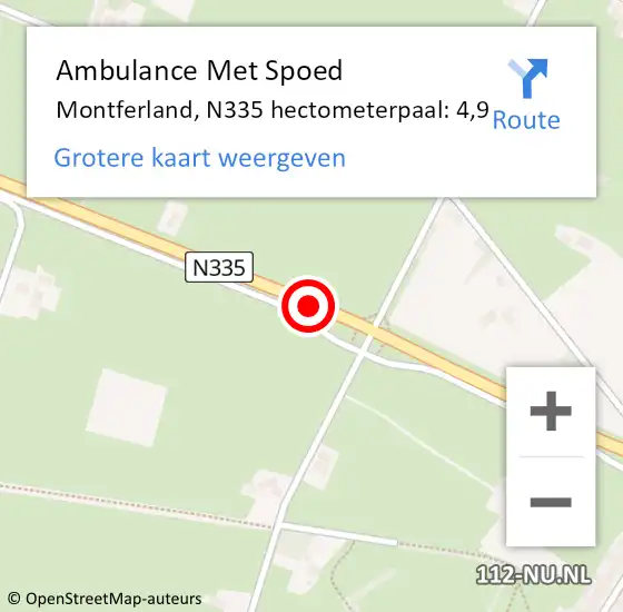 Locatie op kaart van de 112 melding: Ambulance Met Spoed Naar Montferland, N335 hectometerpaal: 4,9 op 19 juli 2022 15:52