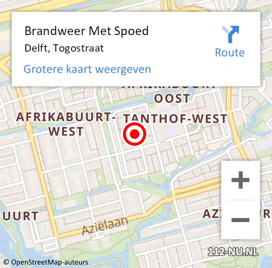 Locatie op kaart van de 112 melding: Brandweer Met Spoed Naar Delft, Togostraat op 19 juli 2022 18:05