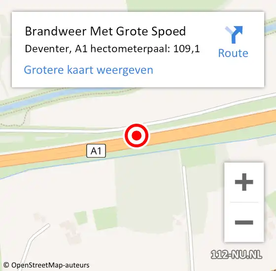 Locatie op kaart van de 112 melding: Brandweer Met Grote Spoed Naar Deventer, A1 hectometerpaal: 109,1 op 19 juli 2022 18:33