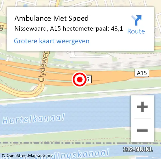 Locatie op kaart van de 112 melding: Ambulance Met Spoed Naar Nissewaard, A15 hectometerpaal: 43,1 op 19 juli 2022 18:57